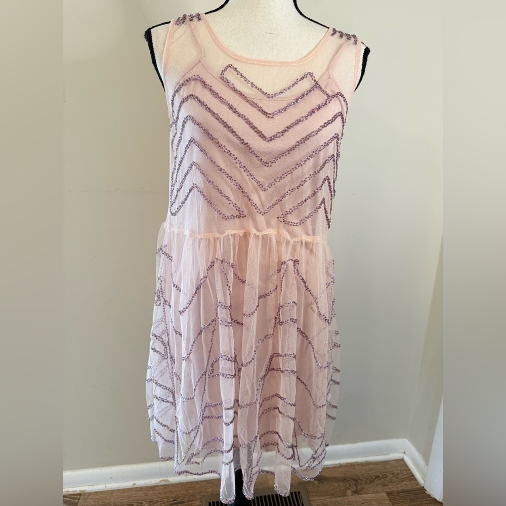 May & July feminine chic sleeveless pink beaded midi dress semi sheer overlay M